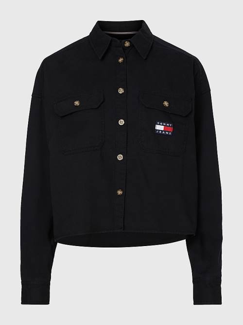 Black Tommy Hilfiger Tommy Badge Cropped Utility Women's Shirts | TH184KBW