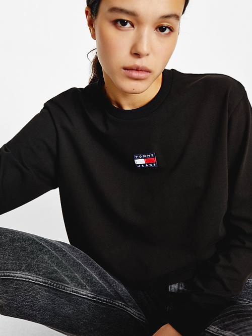 Black Tommy Hilfiger Tommy Badge Long Sleeve Women's T Shirts | TH439ESX