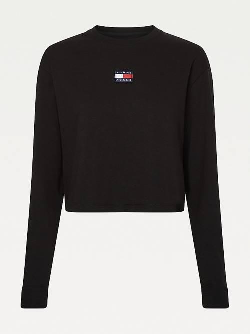 Black Tommy Hilfiger Tommy Badge Long Sleeve Women's T Shirts | TH439ESX