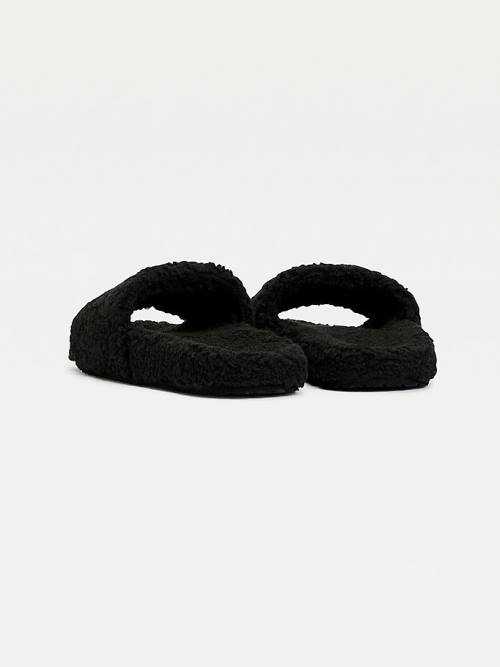 Black Tommy Hilfiger Tommy Badge Sherpa Slides Women's Sandals | TH159NSU