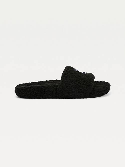 Black Tommy Hilfiger Tommy Badge Sherpa Slides Women's Sandals | TH159NSU