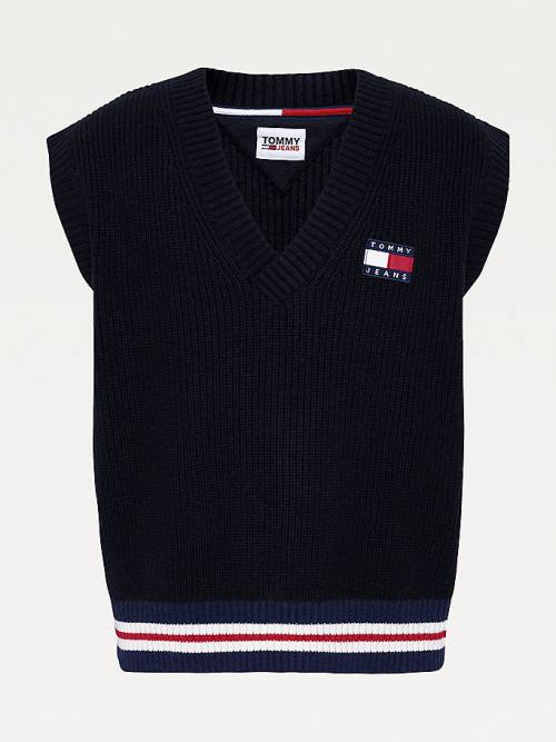 Black Tommy Hilfiger Tommy Badge V-Neck Jumper Vest Men's Sweaters | TH537DTB