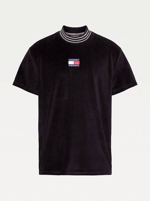 Black Tommy Hilfiger Tommy Badge Velour Relaxed Fit Men's T Shirts | TH437EVH