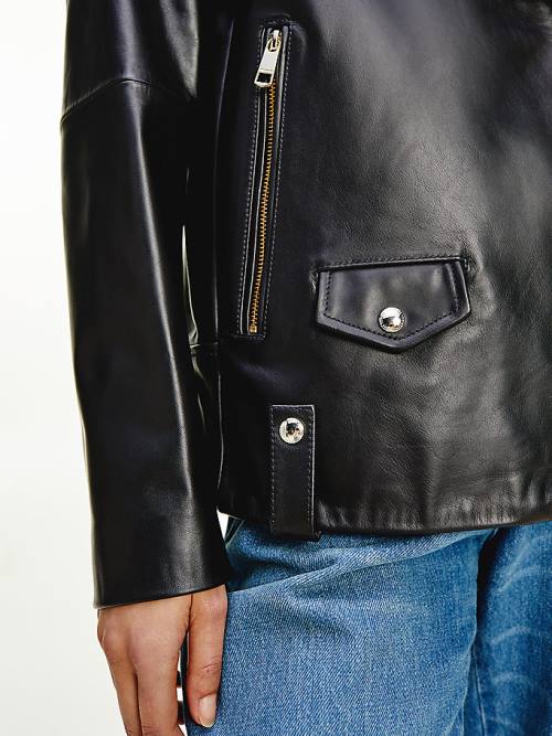 Black Tommy Hilfiger Tommy Icons Oversized Leather Biker Women's Jackets | TH108BWA