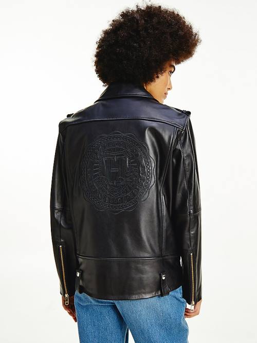 Black Tommy Hilfiger Tommy Icons Oversized Leather Biker Women's Jackets | TH108BWA