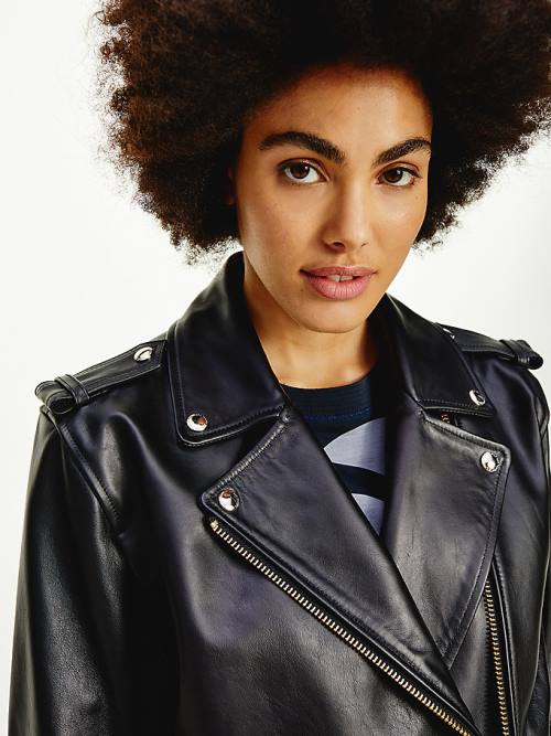 Black Tommy Hilfiger Tommy Icons Oversized Leather Biker Women's Jackets | TH108BWA