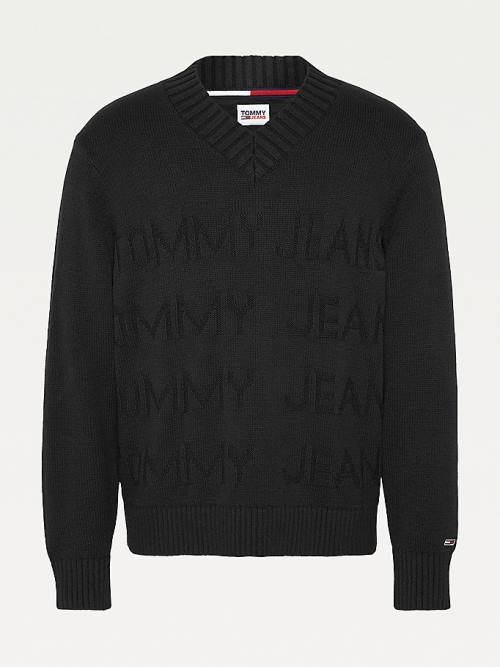 Black Tommy Hilfiger Tonal Logo V-Neck Jumper Men's Sweaters | TH019RGN