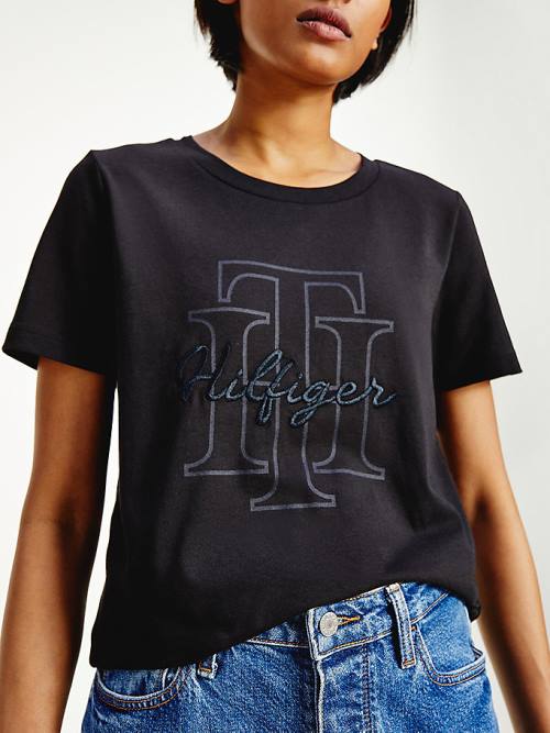 Black Tommy Hilfiger Tonal Script Logo Organic Cotton Women's T Shirts | TH896TUE