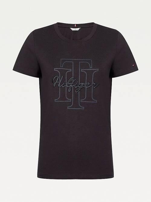 Black Tommy Hilfiger Tonal Script Logo Organic Cotton Women's T Shirts | TH896TUE