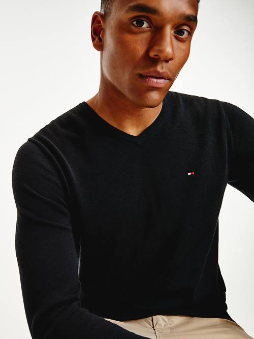 Black Tommy Hilfiger V-Neck Cotton Blend Sweatshirt Men's Sweaters | TH629NWI