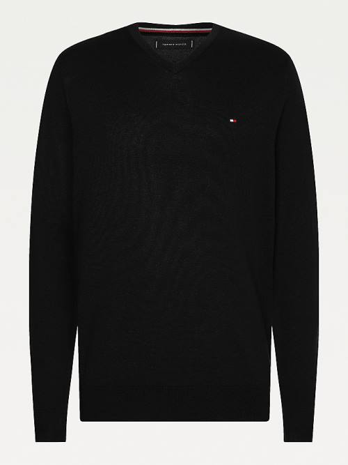 Black Tommy Hilfiger V-Neck Cotton Blend Sweatshirt Men's Sweaters | TH629NWI