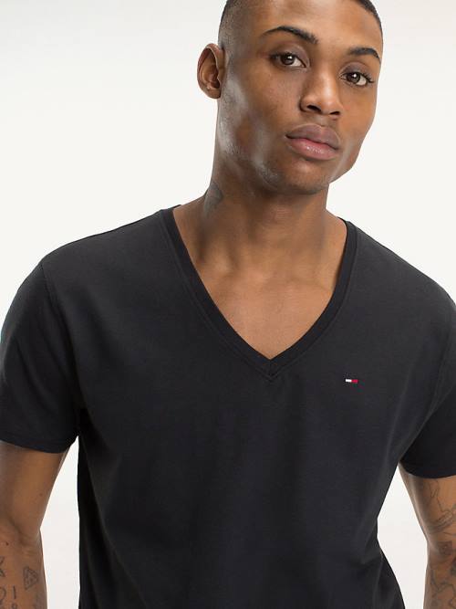 Black Tommy Hilfiger V-Neck Men's T Shirts | TH089OAU