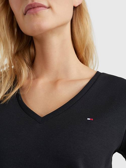 Black Tommy Hilfiger V-Neck Slim Fit Women's T Shirts | TH975EHG