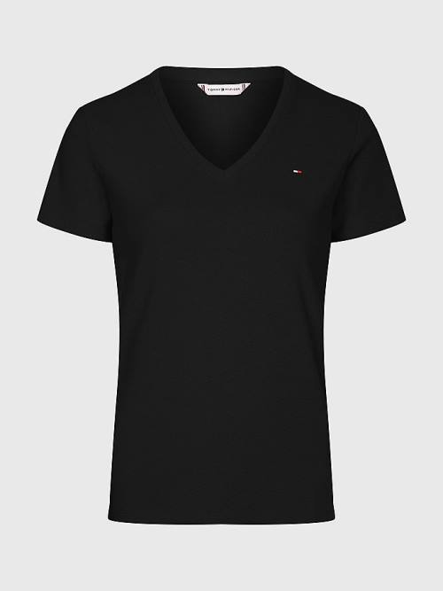 Black Tommy Hilfiger V-Neck Slim Fit Women's T Shirts | TH975EHG