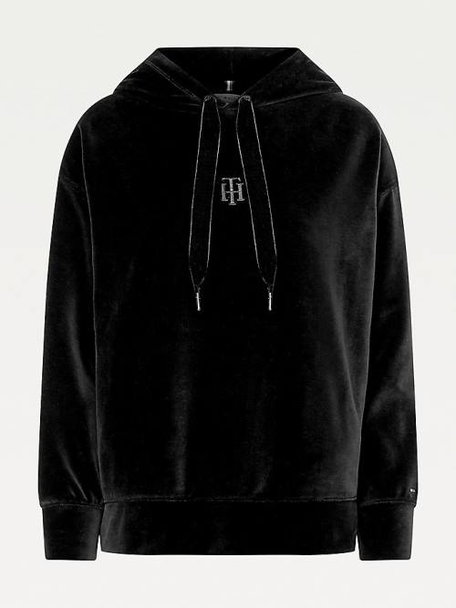 Black Tommy Hilfiger Velvet Monogram Relaxed Fit Women's Hoodie | TH402JVM