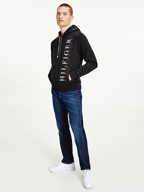 Black Tommy Hilfiger Vertical Logo Flex Fleece Men\'s Hoodie | TH982PCS