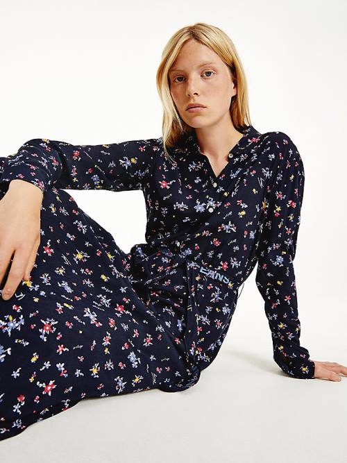 Black Tommy Hilfiger Viscose Floral Print Belted Shirt Women's Dress | TH579BPI