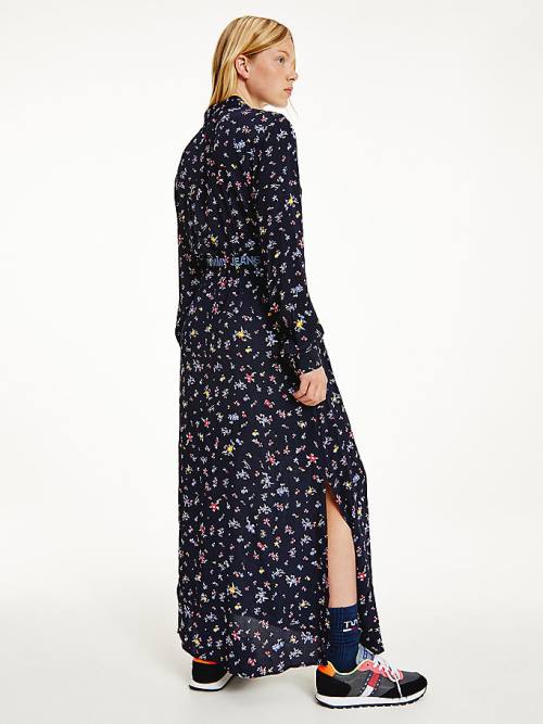 Black Tommy Hilfiger Viscose Floral Print Belted Shirt Women's Dress | TH579BPI