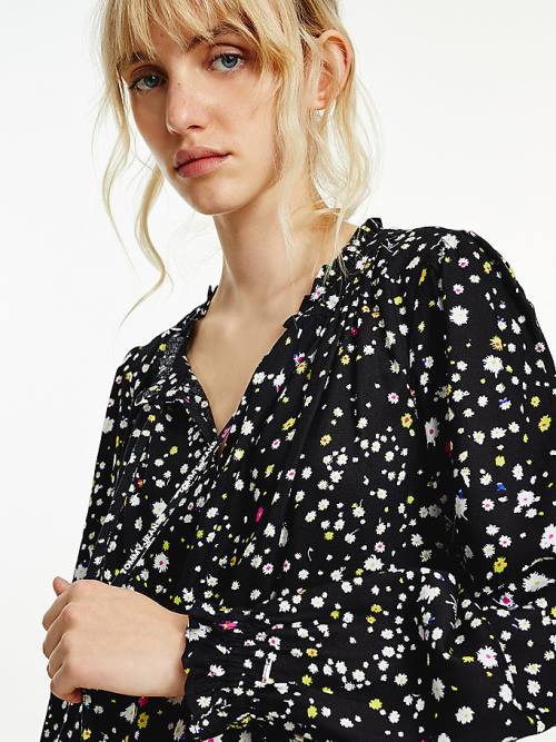 Black Tommy Hilfiger Viscose Floral Print Women's Blouse | TH903JZO