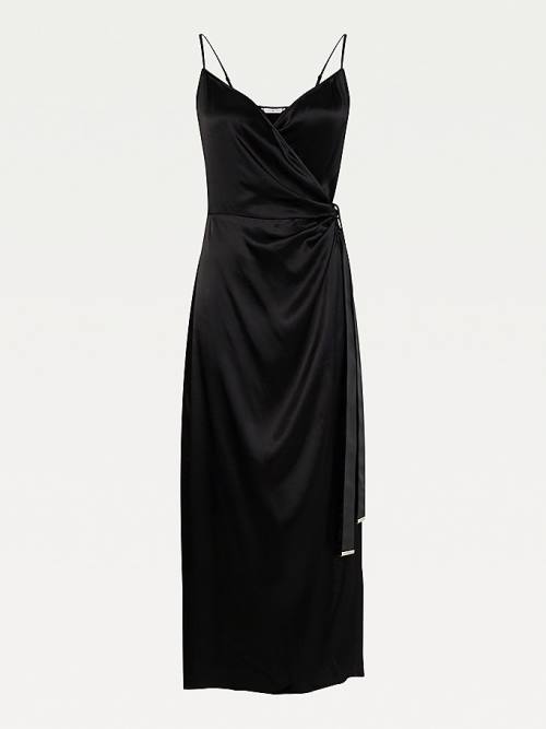 Black Tommy Hilfiger Viscose Satin Wrap Women's Dress | TH671YER