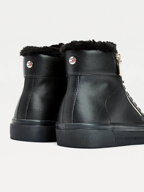 Black Tommy Hilfiger Warm Lined High-Top Vulcanised Women's Sneakers | TH524EPK