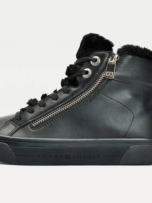 Black Tommy Hilfiger Warm Lined High-Top Vulcanised Women's Sneakers | TH524EPK