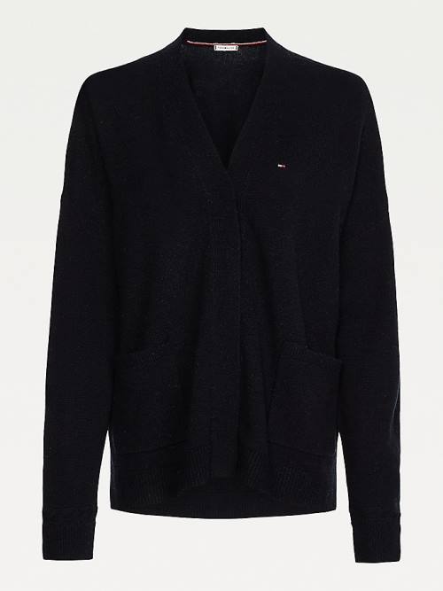 Black Tommy Hilfiger Wool Open V-Neck Cardigan Women's Sweaters | TH587XUN