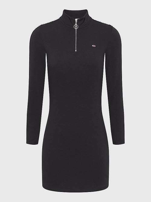 Black Tommy Hilfiger Zip-Thru Logo Tape Bodycon Women's Dress | TH490INJ