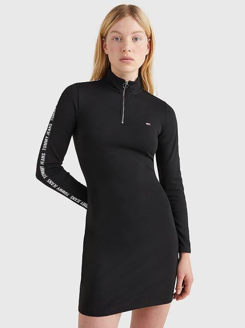 Black Tommy Hilfiger Zip-Thru Logo Tape Bodycon Women\'s Dress | TH490INJ