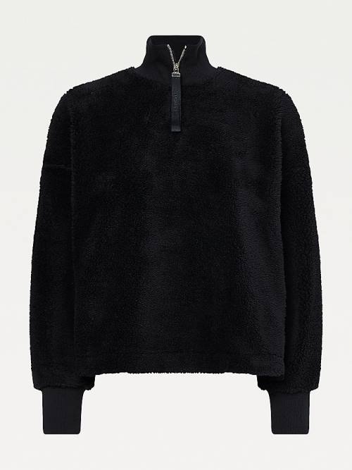 Black Tommy Hilfiger Zipped Neck Relaxed Fit Teddy Women's Sweatshirts | TH903TZJ