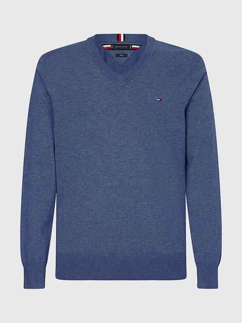 Blue Tommy Hilfiger 1985 Essential TH Flex V-Neck Jumper Men's Sweaters | TH207NOH