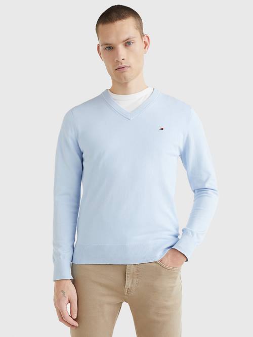 Blue Tommy Hilfiger 1985 Essential TH Flex V-Neck Jumper Men\'s Sweaters | TH865SEV