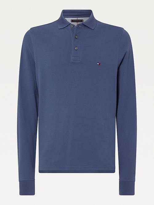 Blue Tommy Hilfiger 1985 TH Flex Slim Fit Long Sleeve Men's Polo Shirts | TH486EQJ