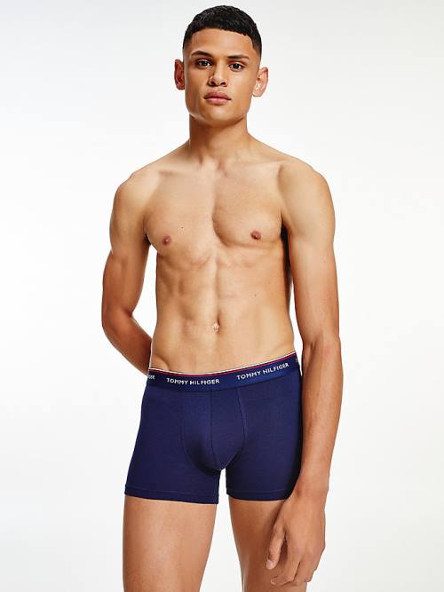 Blue Tommy Hilfiger 3-Pack Premium Logo Waistband Trunks Men's Underwear | TH478WGD