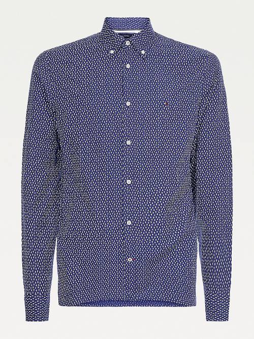 Blue Tommy Hilfiger Abstract Leaf Print Slim Fit Men\'s Shirts | TH784SYW