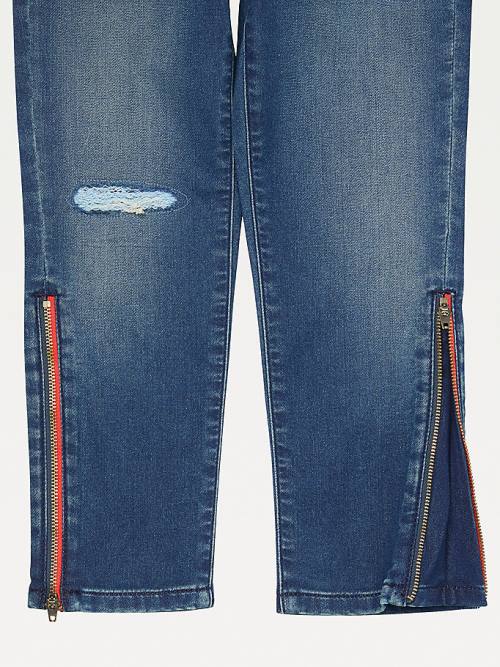 Blue Tommy Hilfiger Adaptive Distressed Denim Joggers Girls' Jeans | TH265CXF