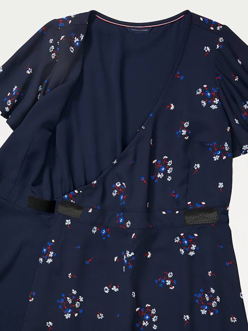 Blue Tommy Hilfiger Adaptive Wrap Floral Print Women's Dress | TH039ANZ