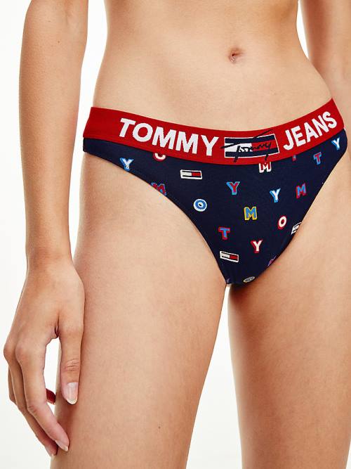 Blue Tommy Hilfiger All-Over Logo Print Thong Women's Underwear | TH042KWV