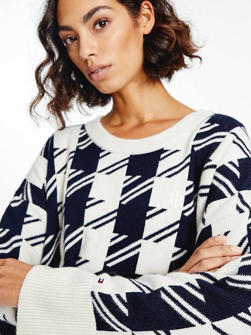 Blue Tommy Hilfiger Alpaca Wool Houndstooth Relaxed Fit Jumper Women's Sweaters | TH763OCF