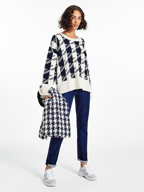 Blue Tommy Hilfiger Alpaca Wool Houndstooth Relaxed Fit Jumper Women\'s Sweaters | TH763OCF