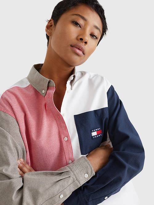 Blue Tommy Hilfiger Archive Colour-Blocked Overshirt Women's Shirts | TH894JQP