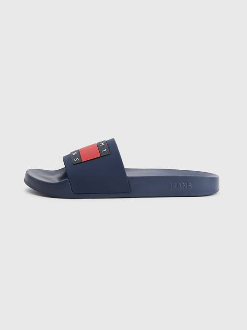 Blue Tommy Hilfiger Badge Pool Slides Men's Sandals | TH713MBO