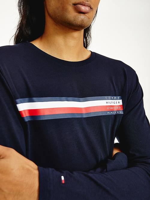 Blue Tommy Hilfiger Bar Logo Long Sleeve Men's T Shirts | TH186CRG