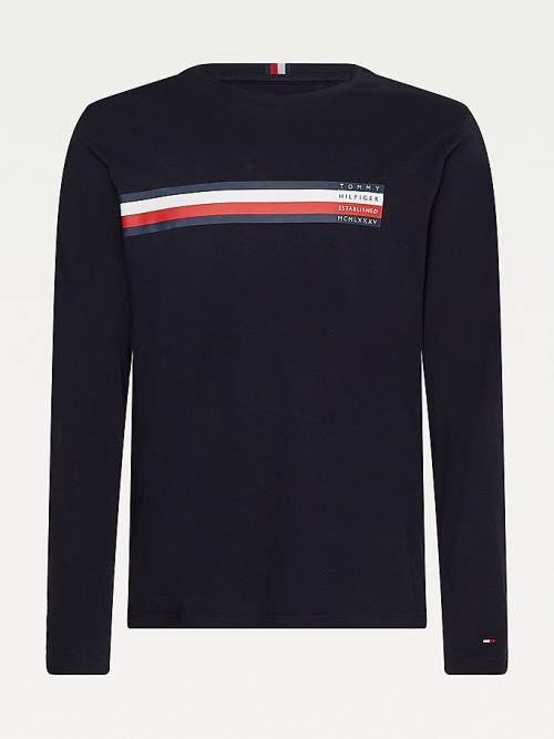 Blue Tommy Hilfiger Bar Logo Long Sleeve Men's T Shirts | TH186CRG