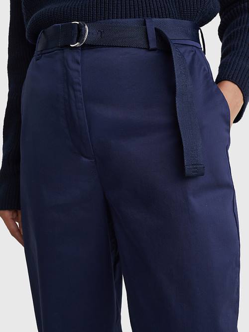 Blue Tommy Hilfiger Belted Waist Tapered Leg Chinos Women's Pants | TH142PVH