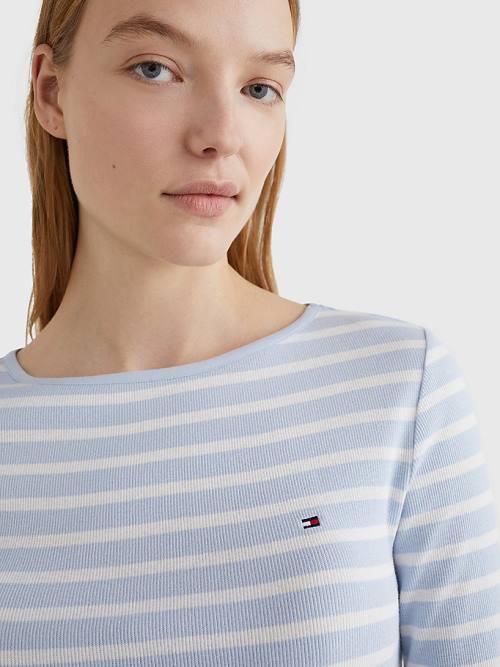 Blue Tommy Hilfiger Boat Neck Long Sleeve Skinny Women's T Shirts | TH714IPV