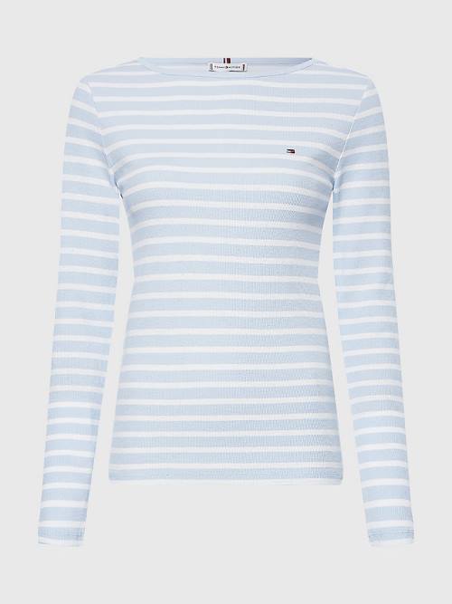 Blue Tommy Hilfiger Boat Neck Long Sleeve Skinny Women's T Shirts | TH714IPV