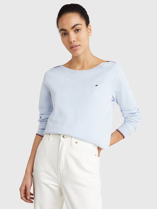 Blue Tommy Hilfiger Boat Neck Organic Cotton Jumper Women\'s Sweaters | TH086OCN