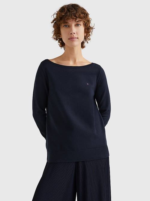 Blue Tommy Hilfiger Boat Neck Organic Cotton Jumper Women\'s Sweaters | TH716MCD