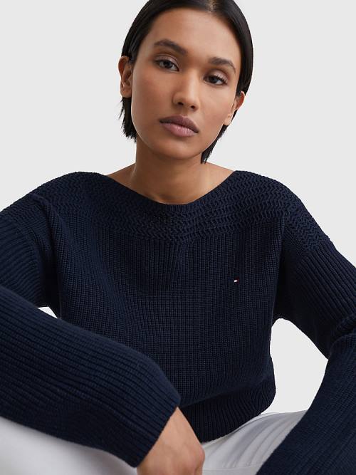 Blue Tommy Hilfiger Boat Neck Relaxed Fit Jumper Women's Sweaters | TH047EHB